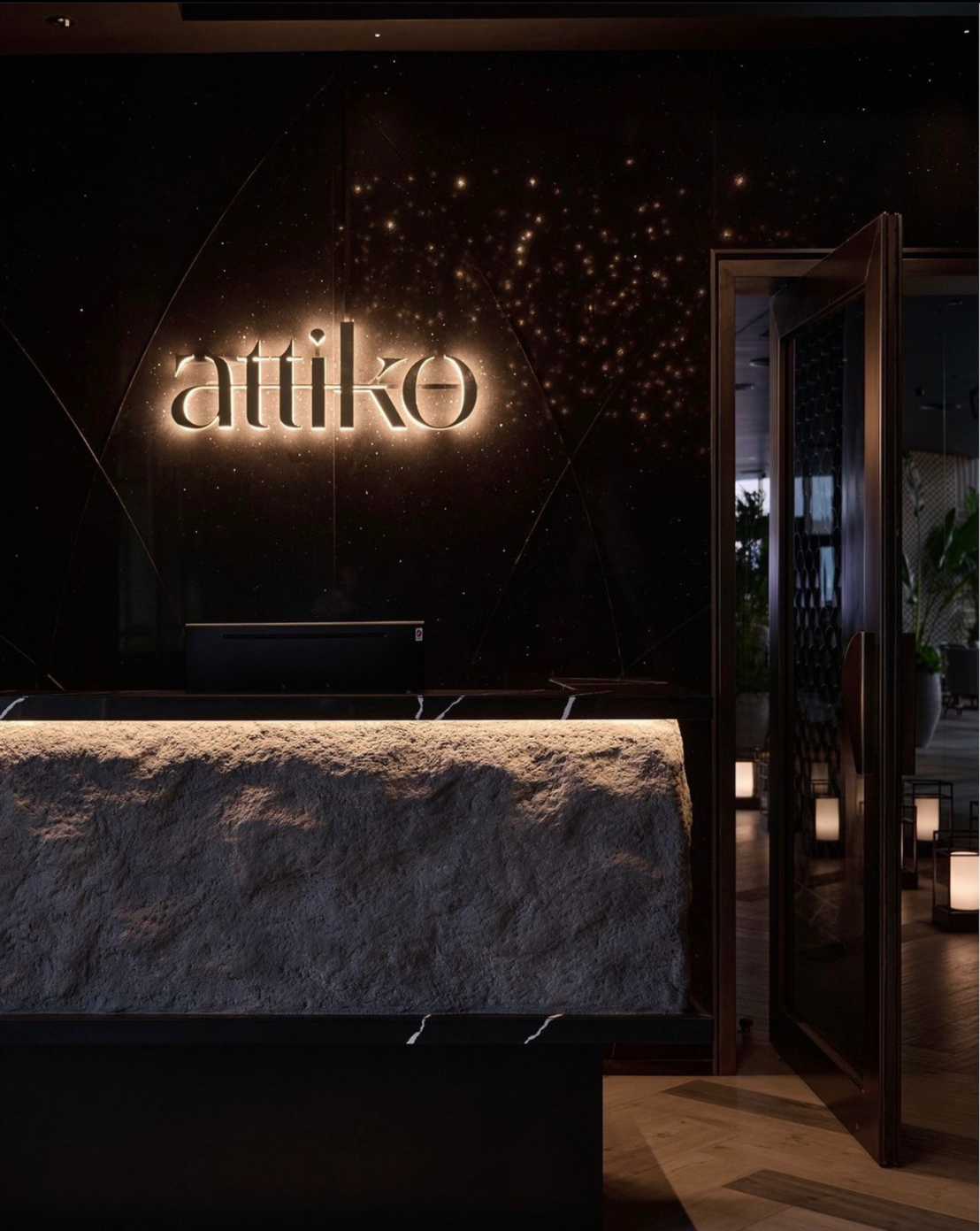 Attiko entrance sign and sculpted artificial rock plaster counter